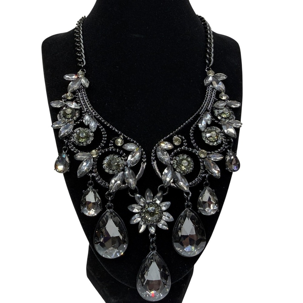 Statement Bib Necklace Black Gunmetal Chain Clear and Green Glass Rhinestones